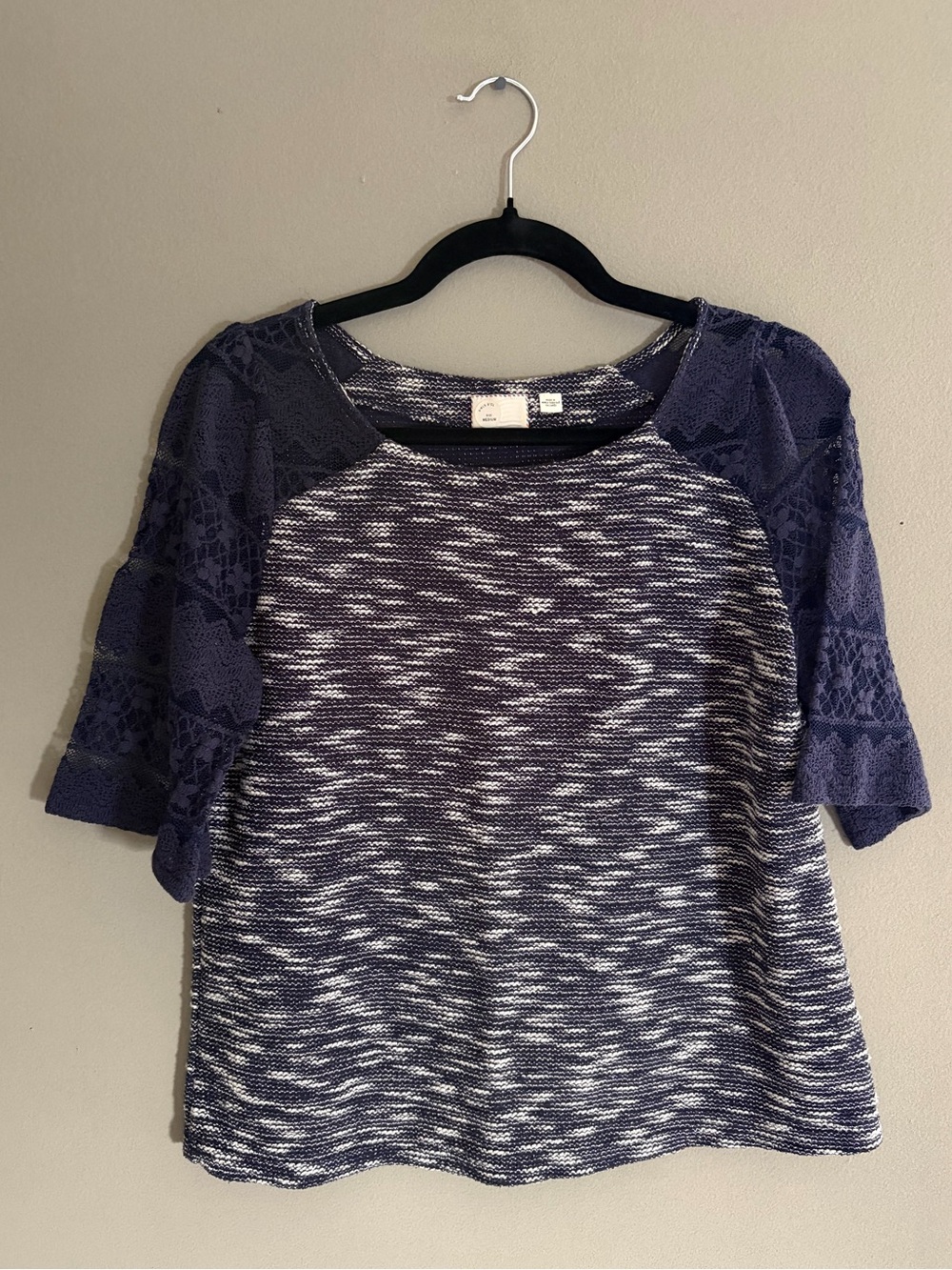 Anthropologie Postmark Knit Top Textured Navy Space Dye Lace Short Sleeve 2010s